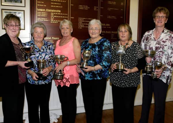 Ballymena Bowling Club lady members Andrea McKeown, Jenny McCready, Marie Houston, Jean Rainey, Linda McCullough and Barbara Cameron with their awards from the clubs annual dinner. INBT45-270AC