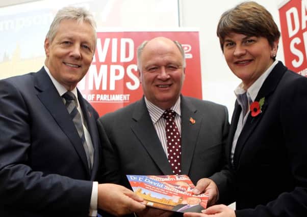 Peter Robinson Party Leader and First Miinster with Arlene Foster Minister for Trade and Investmnet are pictured with David Simpson MP who was selected for Upper Bann to stand as a canididate by the DUP last night.. Pic Steven McAuley/McAuley Multimedia