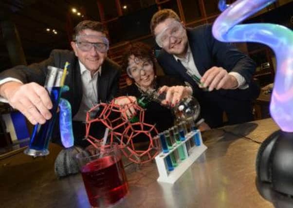 Jonathan Stewart, deputy director British Council Northern Ireland; Judith Harvey, W5 manager and Chris McCreery, director NI Science launch Famelab competition
