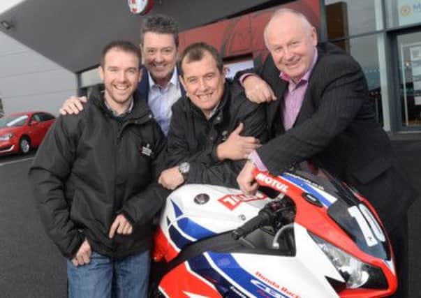 Top road racers Alastair Seeley and John McGuinness joined North West 200 Event Director, Mervyn Whyte and Gordon Hannen, Regional Operations Manager of Vauxhall Motors UK to announce Vauxhall's title sponsorship of the International North West 200 for 2015. 
Picture: Stephen Davison