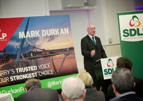Mark Durkan addresses the Westminster selection convention audience at the Playhouse on Wednesday night.