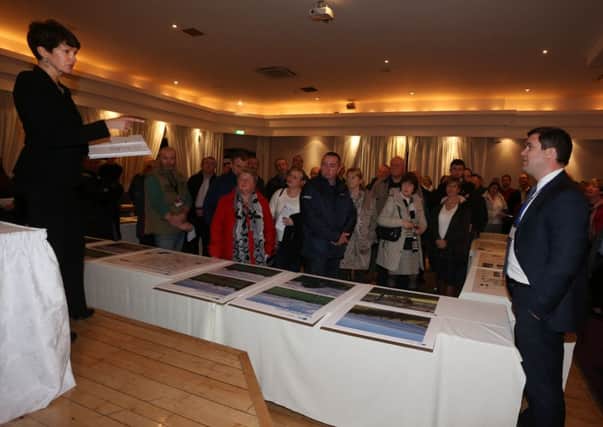 Local architect Jane Burneside lays it on the line to Ronan Kilduff of Elgin Energy at last week's public meeting about solar power in Ross Park Hotel. INBT 47-102JC