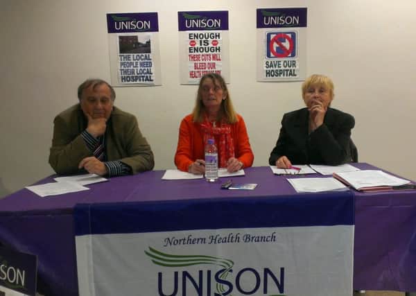 Consultant Jonathan Swallow, UNISON Branch Secretary Marjorie Trimble and Head of Bargaining Ann Speed. INLT-47-703-con