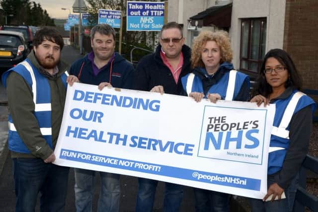 Peoples NHS Activists Lynn Doran, Paddy Mackel and Tayra McKee were joined by  residents Keith Smylie and Colin Cunningham at the protest in Thornhill Dromore © Edward Byrne Photography INBL1446-227EB
