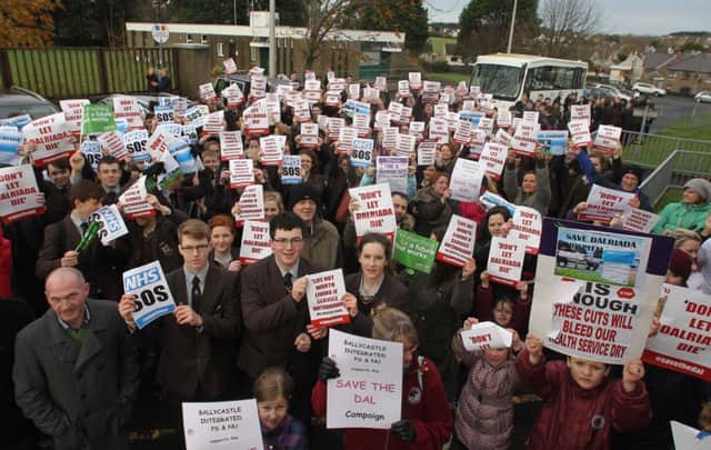 McAuley Multimedia.. More than 500 children from all schools in the Moyle district came out today to protest against the closure of Dalriada Hospital, they formed a ring around the Hospital.. Pic Steven McAuley/McAuley Multimedia. inbm47-14 kma