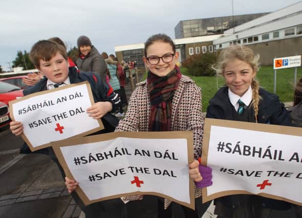 McAuley Multimedia.. More than 500 children from all schools in the Moyle district came out today to protest against the closure of Dalriada Hospital, they formed a ring around the Hospital.. Pic Steven McAuley/McAuley Multimedia INBM47-14 KMA