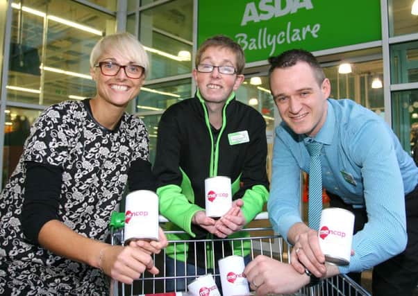 Pictured during Learning Disability Work Experience Week are (l-r) Mencap's Tanya Stirling, Cameron Murray and Asda's Steven Henry.