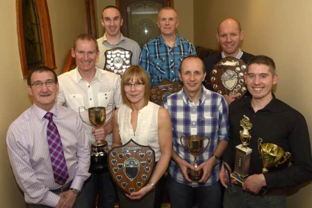 West Down Wheelers President Derek Gamble pictured at the Clubs' Annual Presentation Evening with trophy winners Dorothy Cantley (Magowan Shield), Alister McCourt (Poppy McKeown Trophy), Matthew McKinstry (Most Improved Rider and The Weir Trophy), John Kernoghan (Imperial Cup), Andrew Hodgen (Maxwell Shield), Geoffrey Tate (Outlook Shield) and Mark Alexander (Savage Shield) © Edward Byrne Photography INBL1446-253EB