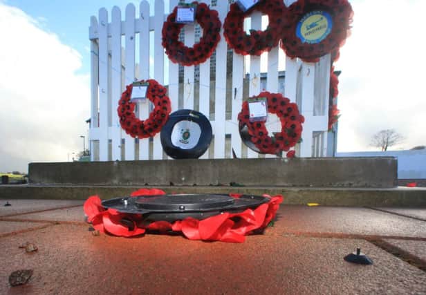 Sat 15th November 2014...Wreaths at Ballycastle cenotaph have been destroyed in a overnight attack at Quay Road in the Seaside town. The RUC GC wreath was completely destroyed and a numbe of other ones were damaged. Police are appealing to anyone who saw anything suspicious to contact them on the non emergency number 101. PICTURE STEVEN MCAULEY/MCAULEY MULTIMEDIA