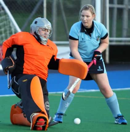 SAVED: Ballymoney 3rds keeper pulls of a fine save during her side's game with Annadale on Saturday.INBM47-14 096SC.