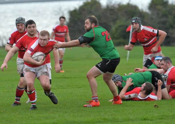 Ryan McAlister in action for Larne RFC 1st XV in their game against PSNI 1st XV at Glynn. INLT 47-022-PSB