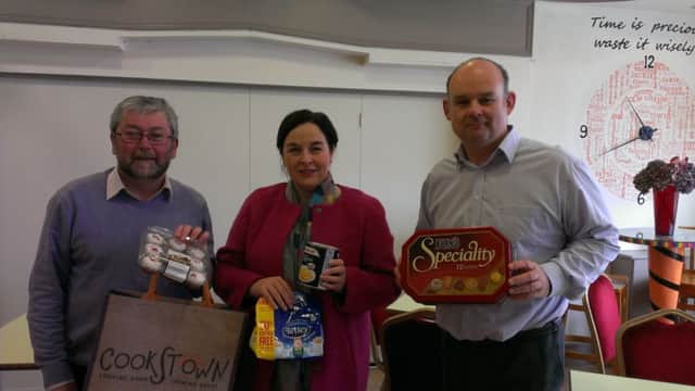 Pictured at the launch of the Cookstown District Council Food Bank appeal are l-r: Dennis Loughry, SVP Cookstown, Sharon Dillion, Manager of Citizens Advice Bureau Dungannon, Cookstown and Magherafelt and Cookstown Council Good Relations Officer Sean McElhatton.