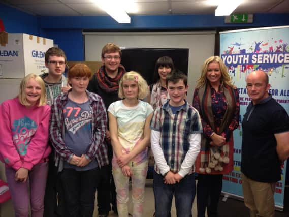 Members of the Banbridge & District Disability Youth Forum following their anti-bullying DVD launch with Jo-Anne Dobson MLA and SELB Specialist Youth Development Worker, Dougie Treverton.