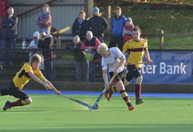 Peter Brown on the attack for Bann against Mossley. Pic: Rowland White / Presseye.