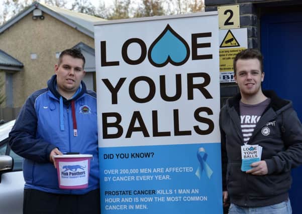 David Falconer, left, and Christian Donnelly raised finds for the Pink Panthers Cancer Support at the Riverside Stadium during the match between Institute and Ballinamallard. INLS4614-109KM