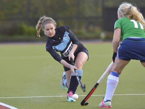 Laura Johnston in action for Lisnagarvey Ladies Firsts, who are through to the Irish Senior Cup quarter-final for the first time after seeing off Cork CoI 1-0 at Comber Road. Pic: Rowland White / Presseye.