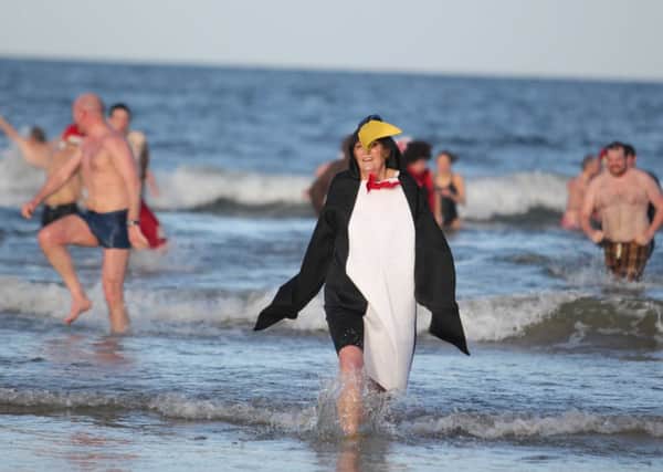 THE PENGUIN! Barbara Dempsey dressed as a penguin during the Operation Freeze Knees swim. Cr1-123mj