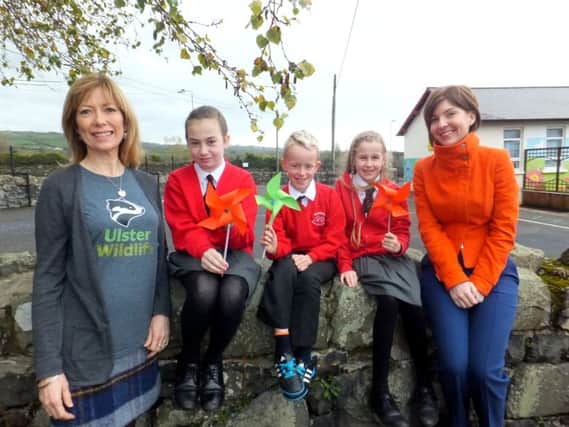 Madison, Darren and Katy from Woodburn Primary School, Carrick, discover the power of energy in nature, included are Christine Chambers, from Ulster Wildlife and Lucy Marsden, from AES. INCT 47-795-CON NATURE