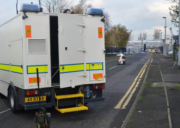 The scene in Pennybridge Industrial Estate, Ballymena; on Wednesday morning when the bomb disposal unit was deployed to inspect a suspect device INBT 48-802H