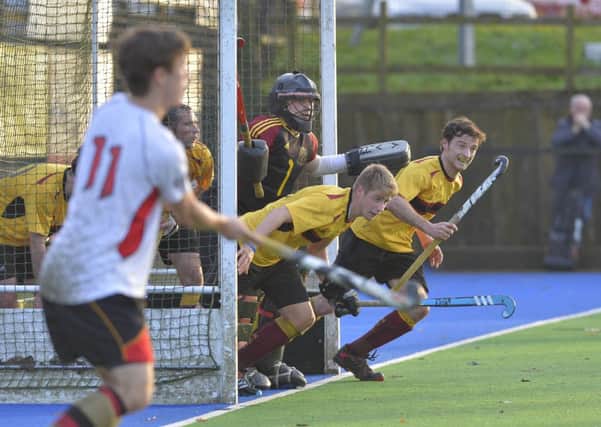 Mossley defending a penalty corner in their 8-0 defeat to Banbridge in the semi-finals of the Kirk Cup. Photo: Presseye.