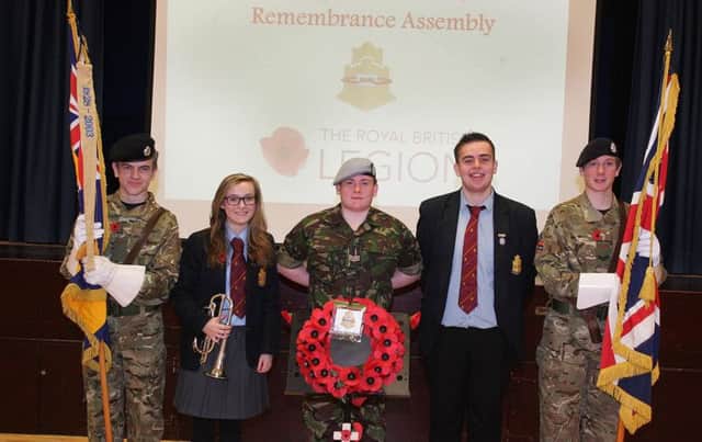Downshire School pupils who took part in the remembrance assembly.
Nathan Tate, Leah McReynolds, David Black, Chris Mercer and Joel Magee. INCT 48-703-CON