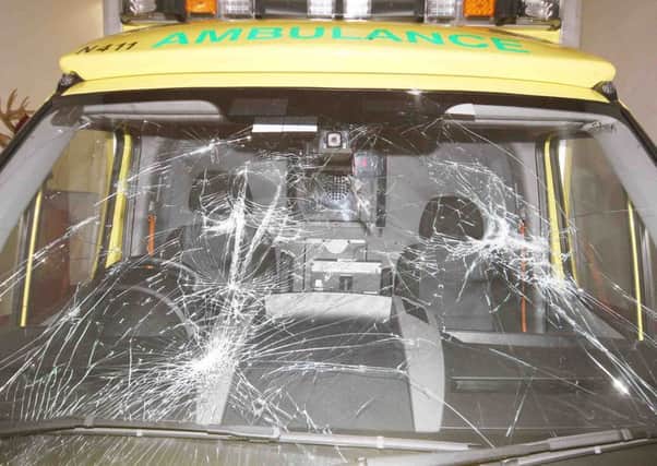 The shattered windscreen of an ambulance which was attacked by youths at Mount Street in Coleraine on Tuesday night while attending an assault victim and a second man who was stabed at the scene.PICTURE MARK JAMIESON.