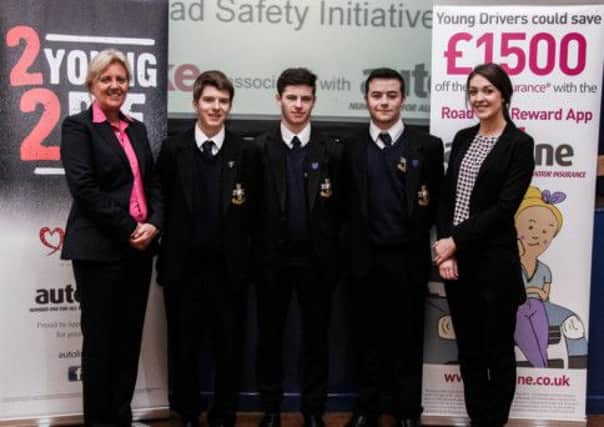 Autoline.visited Edmund Rice College to warn against speeding and dangerous driving.Tracey Doherty,  former road education officer, is pictured with Upper 6th students Conal McCambridge, Niall Geelan, Dean Doyle O'Hare and Kay Sloan, from Autoline Insurance.INNT 46-502-SO