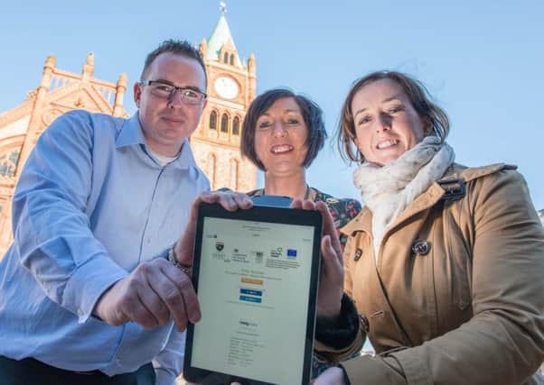 Pictured at the launch of Derry City Council's Free Wi-Fi access that is available in public buildings are the Mayor Councillor Brenda Stevenson, Derry City Council ICT Manager, Paul Jackson and Emma McLaughlin, IT Officer from the council's Economic Development office.  Picture Martin McKeown. Inpresspics.com