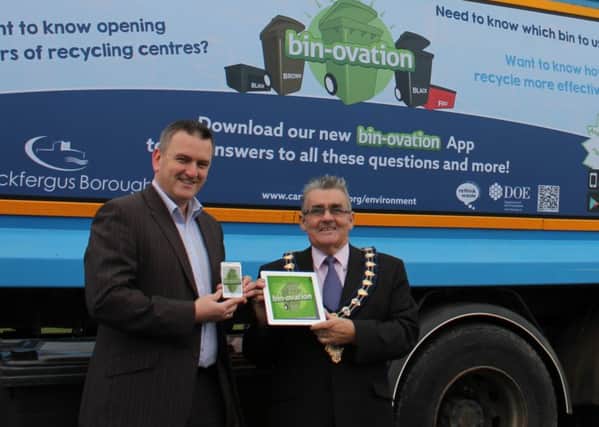 The Mayor of Carrickfergus, Alderman Charles Johnston, with Michael Brady, Bin-Ovation app creator. INCT 48-750-CON APP