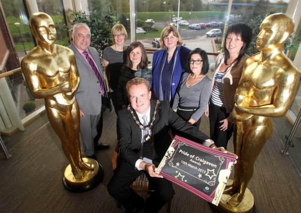 Launching the Pride of Craigavon Awards are Mayor of Craigavon, Councillor Colin McCusker with Clifford Forbes and Tracey Johnston, community development officers, Louise Cushnahan, community development manager, Olga Murtagh, director of development, and community development officers Bernie Marshall and Patricia Lappin. INPT46-022