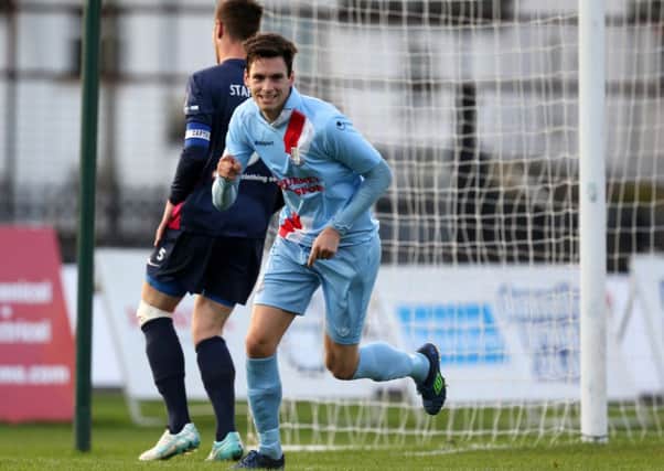 Mark Surgenor celebrates after scoring the first of his two goals  for Ballymena United in last week's win over Ballinamallard. Picture: Press Eye.