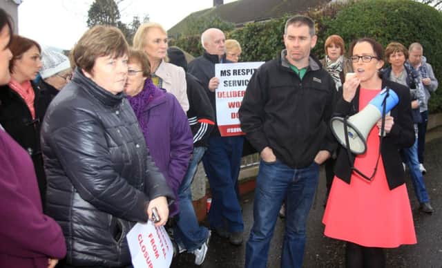 Protestors outside Dalriada Hospital Ballycastle after the Heath Minister declared a eight week consulation period with no new addmissions to the Hopital meantime. Addressing the picket line is Cllr Cara McShane and Réamaí Mathers from the Save the Dal Campaign. INBM49-14S