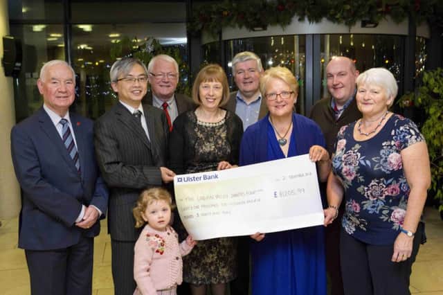Former Mayor of Lisburn, Councillor Margaret Tolerton is pictured with members of her Charity Committee as she presents her fundraising cheque of £81,205.99 to Hilda Francy and Dr Au of her Mayoral Charity, The Lagan Valley Diabetes Fund.