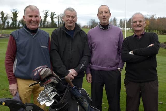 Peter Hillen, Jim Mathews, Roy McAfee and Bob Geddis out bright and early on the first tee at Banbridge Golf Club © Edward Byrne Photography INBL1447-238EB