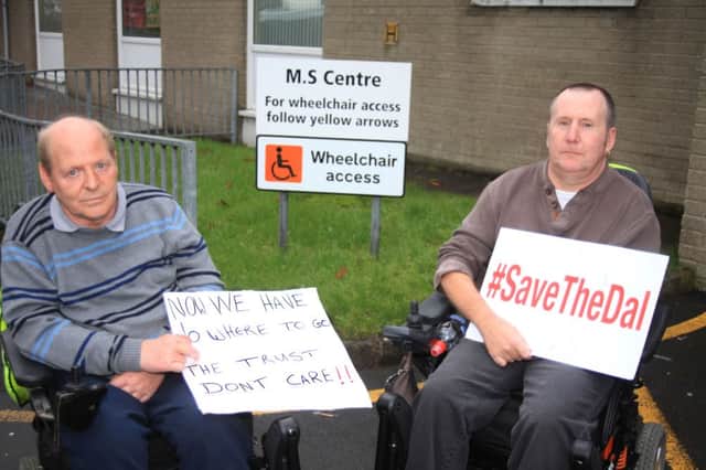 The last two MS Patients Mervyn Hynman from Magherafelt and Francis Hunter from Coleraine leave Dalriada Hospital for the last time as it closes its doors on the MS Centre today Thursday. PICTURE KEVIN MCAULEY/MCAULEY MULTIMEDIA