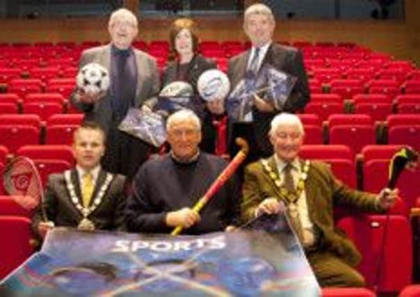Helping launch the 2015 Newtownabbey Sports Awards are: Back row (l-r): Alderman Billy DeCourcy, councillor Noreen McClelland, councillor Billy Webb. Front row (l-r) Newtownabbey mayor Thomas Hogg, Irish rugby legend Willie-John McBride and deputy mayor, Pat McCudden. INLT 48-901-CON