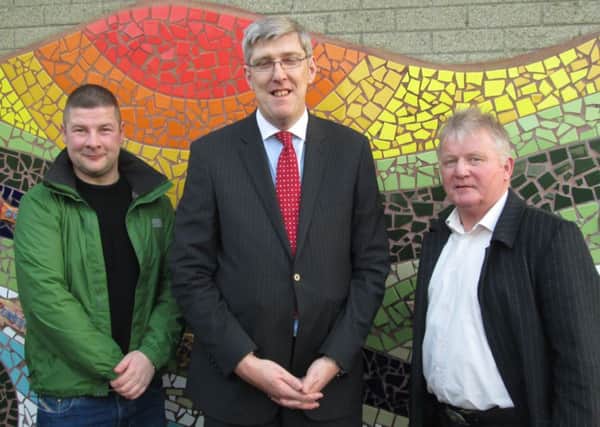 Parent Ryan McCartney; Minister for Education, John O'Dowd; Councillor Ciarán Archibald. INCR49
