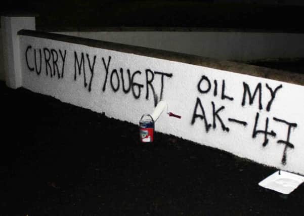 The sinister Graffiti at the home of Coleraine Mayor George Duddy on Sunday night this was the fourth atack in 18 Months.PICTURE MARK JAMIESON.
