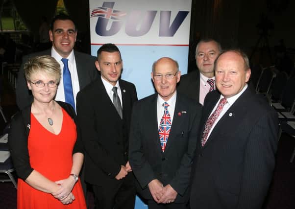 TUV Leader Jim Allister pictured with councillors Donna Anderson, Stewart McDonald, Roy Gillespie and Brian Collins at the recent TUV conference in the Ross Park Hotel. INBT49-245AC