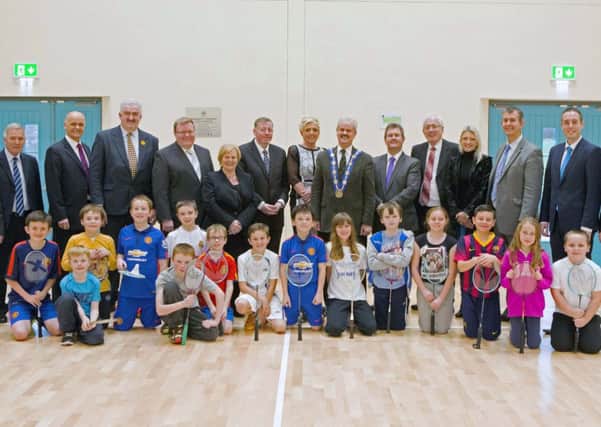 Pictured at the new facility are pupils from Maghaberry Primary School, elected representatives of Lisburn City Council, Local Action Group, Sport NI and Lagan Valley elected representatives