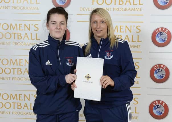 Ballymena United Allstars club officials Nicky Stevenson and Vicky Carleton who attended the IFA Womens Football Club Development Conference.