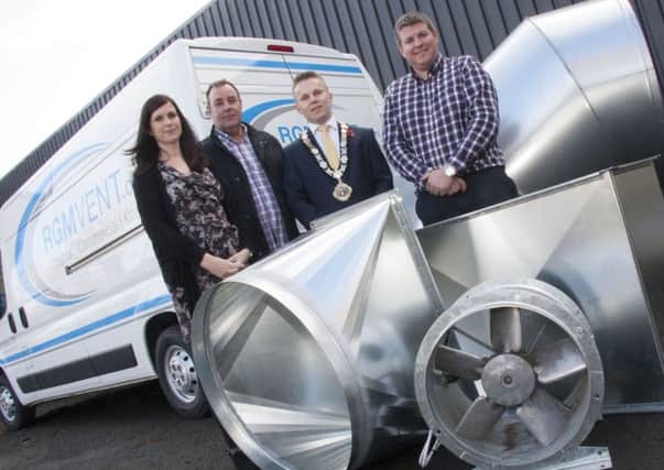 Newtownabbey mayor Alderman Thomas Hogg paid a visit to local business RGM Vents recently. He is pictured with (from left) Kerry Murphy, director; Maurice Grant, director and Raymond Murphy, managing director. INNT 49-472-CON