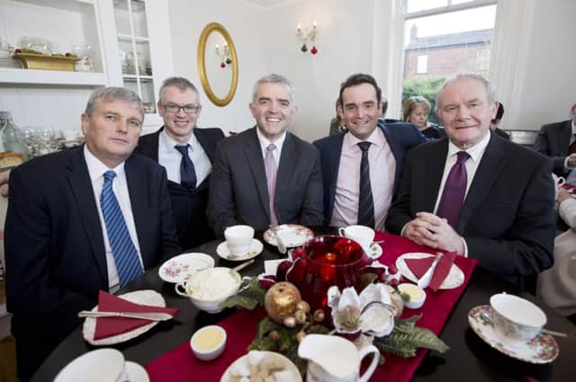 Handout photo (left-right) of Health Minister Jim Wells, Joe Brolly, Junior Minister Jonathan Bell, Shane Finnegan and deputy First Minister Martin McGuinness during the launch of a new organ donation campaign at Maryville House in Belfast, to encourage families throughout Northern Ireland to sit down with their loved ones on December 11 and discuss their wishes on organ donation. PRESS ASSOCIATION Photo. Issue date: Tuesday December 2, 2014. The new campaign is asking people to make sure their loved ones know and understand their views on whether their organs should be donated in the event of their death. See PA story ULSTER Donors. Photo credit should read: Brian Morrison /PA Wire

NOTE TO EDITORS: This handout photo may only be used in for editorial reporting purposes for the contemporaneous illustration of events, things or the people in the image or facts mentioned in the caption. Reuse of the picture may require further permission from the copyright holder.