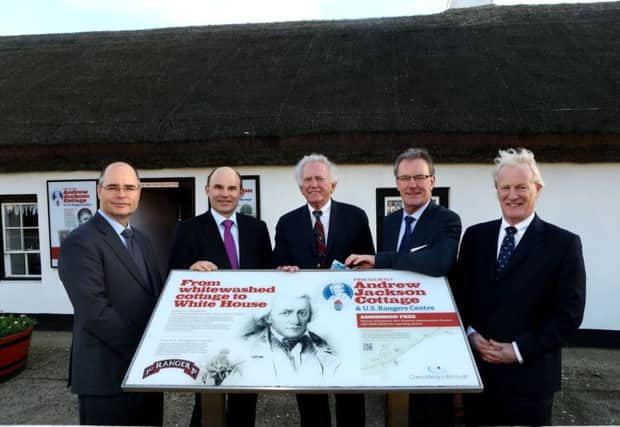 Gary Hart, US Special Envoy to Northern Ireland (centre) with East Antrim MLA Roy Beggs and Ulster Unionist leader  Mike Nesbitt at the Andrew Jackson Centre, Boneybefore. INCT 50-709-CON