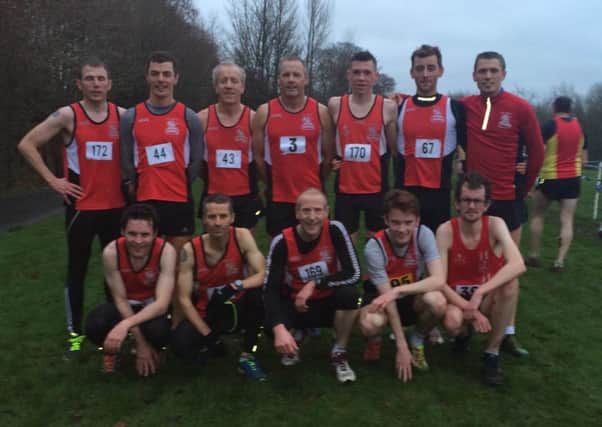 Pictured are the City of Derry Spartans Mens squad who raced at the Malcolm Cup Cross Country.