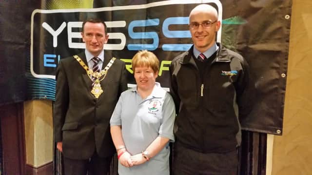 Ladies Individual winner at the Festival of Special Pool, Valerie Taggart, pictured with the Mayor of Coleraine, Cllr George Duddy and Rodney Lockhart from YESSS Electrical in Coleraine. (s)