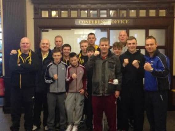 The coaches and boxers from Scorpion ABC, Ballymoney and Churchlands Golden Gloves who recently fought in Bradford.