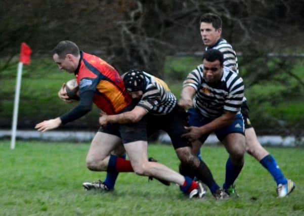 Stevie Bailie powers over for a try in Ballyclare RFC's 67-7 win against CIYMS. INNT 50-149-GR