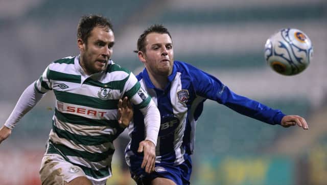 Ryan McIlmoyle takes on Sean O'Connor of Shamrock Rovers.  ©INPHO/Cathal Noonan