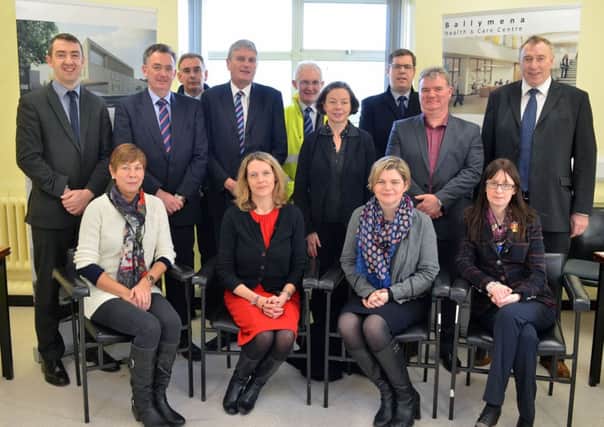 Minister Jim Wells, MLA; photographed in the Braidvalley Board Room with NHS officals, contractors and project managers where he was given an update and tour of the new Ballymena Health Centre. INBT 51-825H